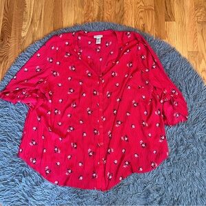 Catherines Women's Georgette Button Front Red Striped Floral Blouse Size 3X